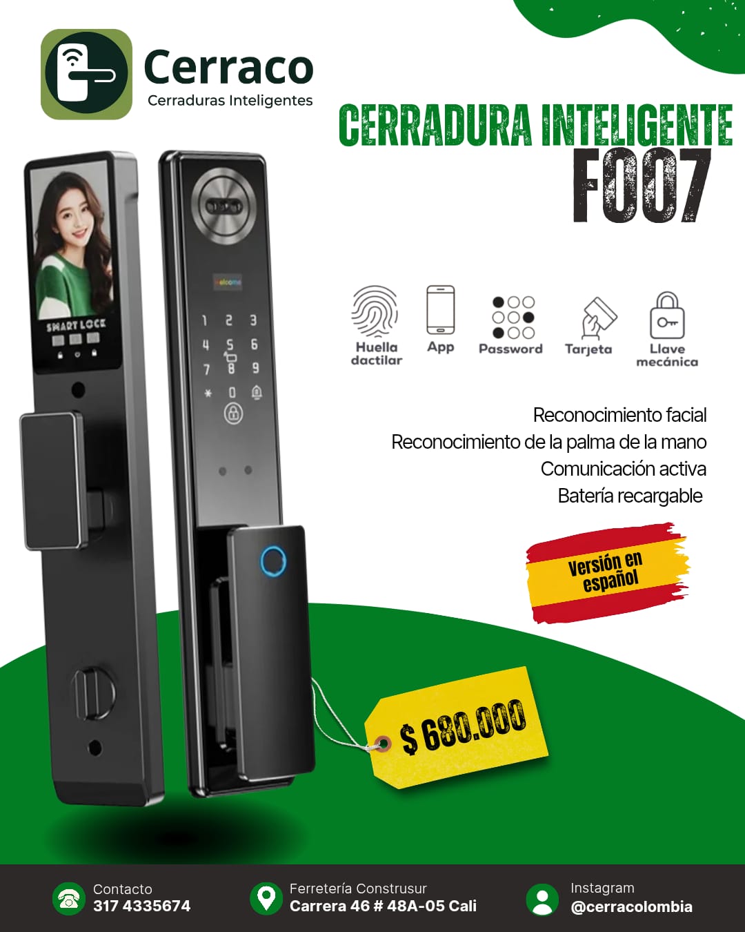 Cerradura Inteligente F007 – Reconocimiento Facial y Cámara Integrada